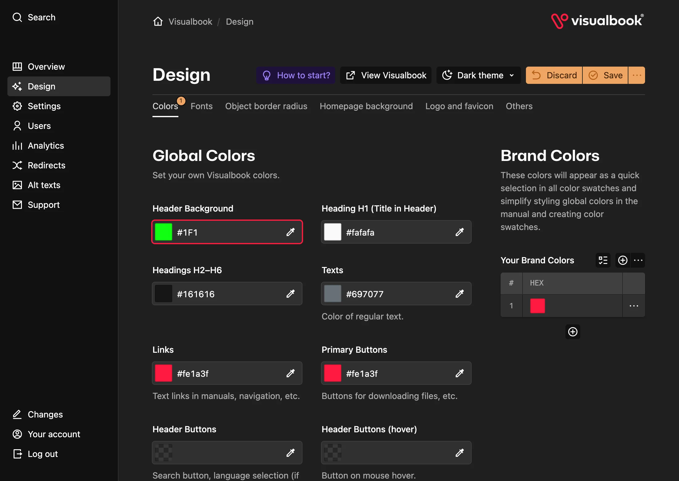 One color in Design, a change across the whole manual: after you save, Header background colors the header on every page.