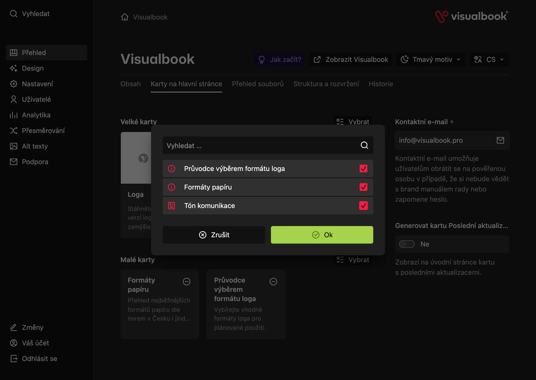 Nová stránka dostane kartu až výběrem v části Malé karty nebo Velké karty. Změna se na webu projeví po uložení.