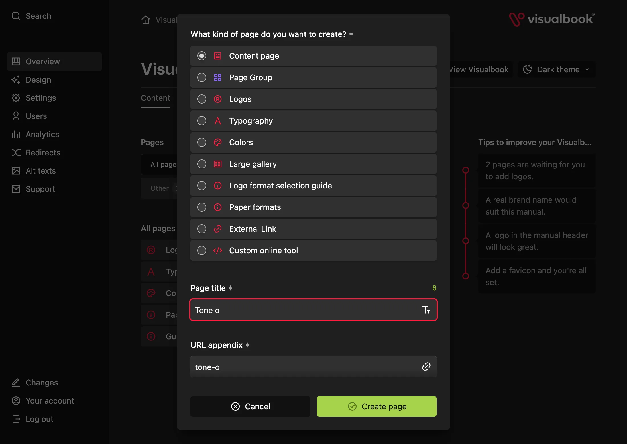 From the page list to a new page: type, title and address in a few seconds.