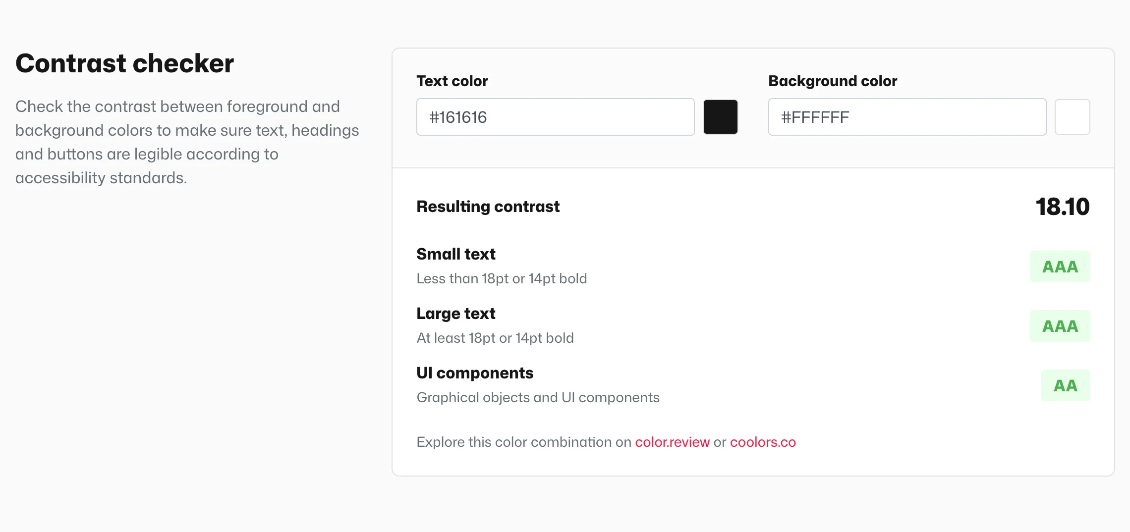 The Contrast check section: visitors pick a text and a background color and see the AA / AAA rating.