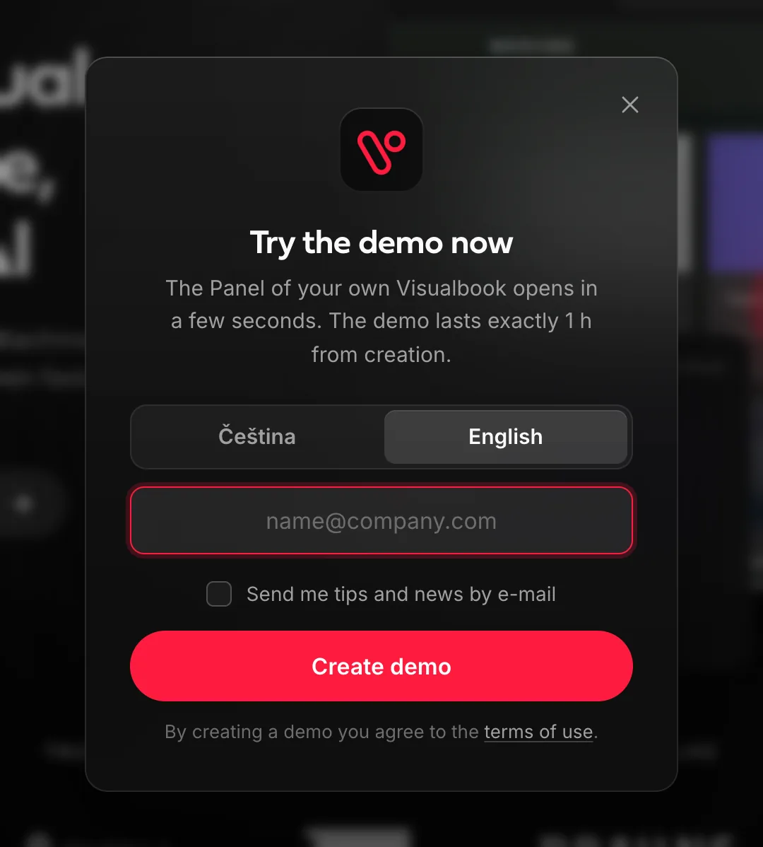 The Try it now window on visualbook.pro: the demo language, your email and Create demo.