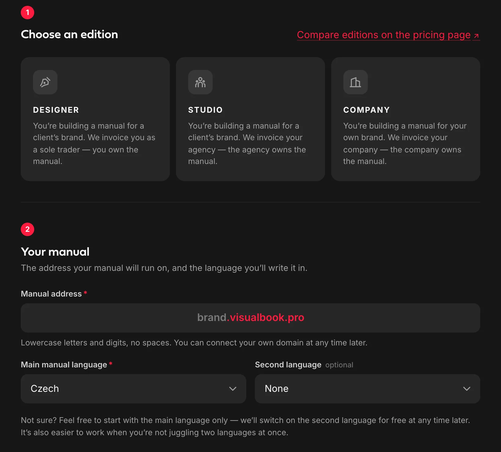The configurator: edition, address and manual languages.