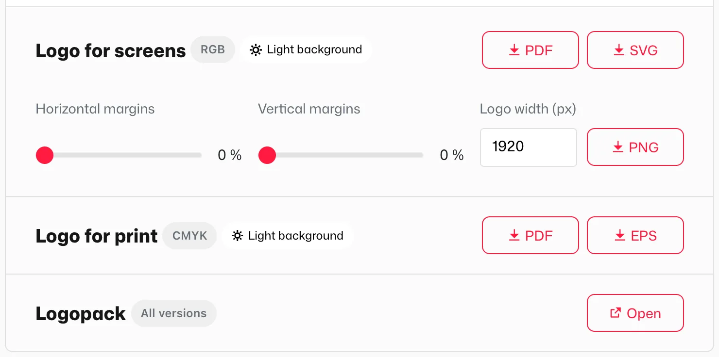 Below the logo: files for screens, for print and the logo pack. The PNG is made with the margins and width from the sliders.