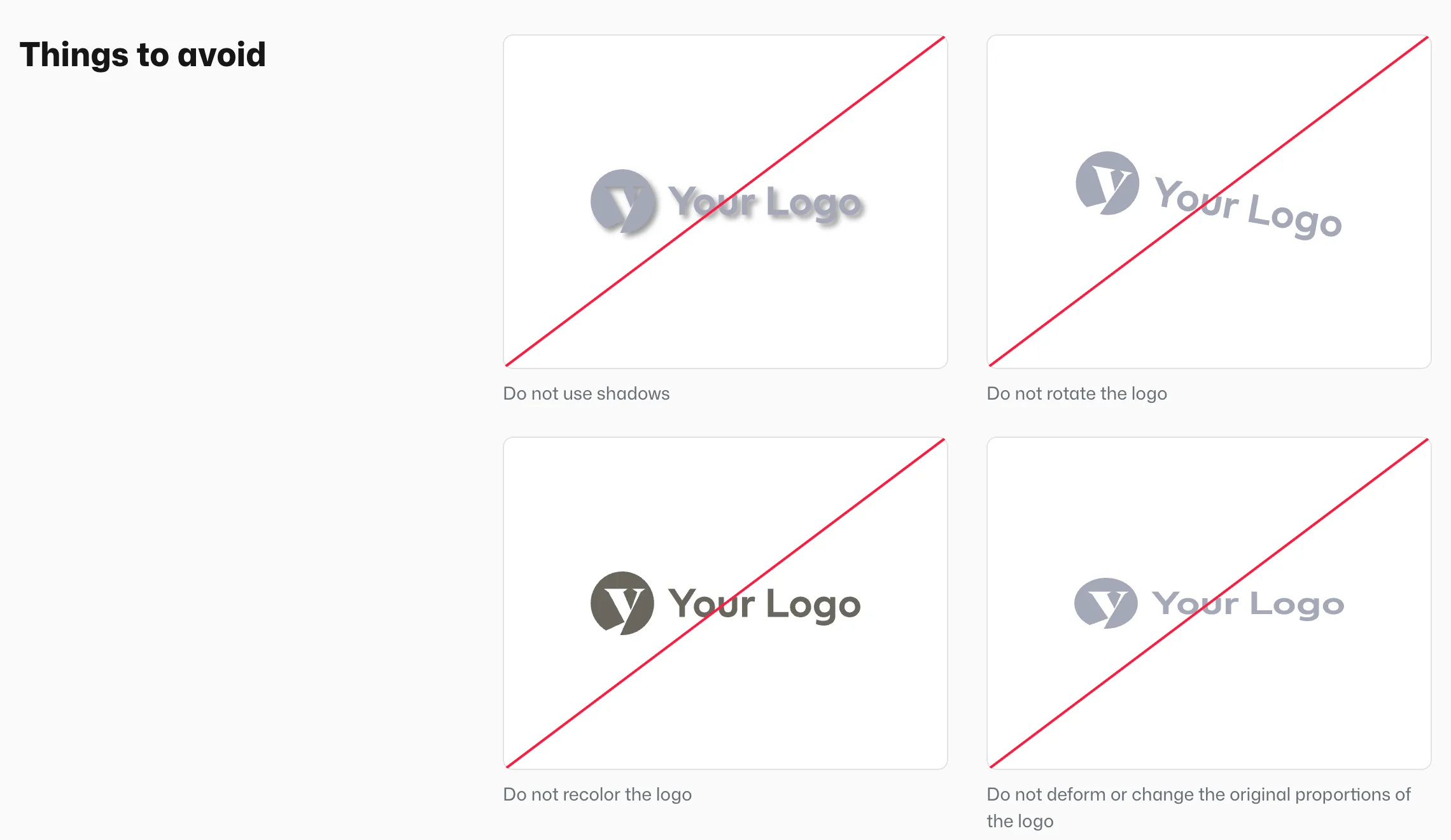 The What to avoid gallery on a logo page: crossed-out examples with a short label.