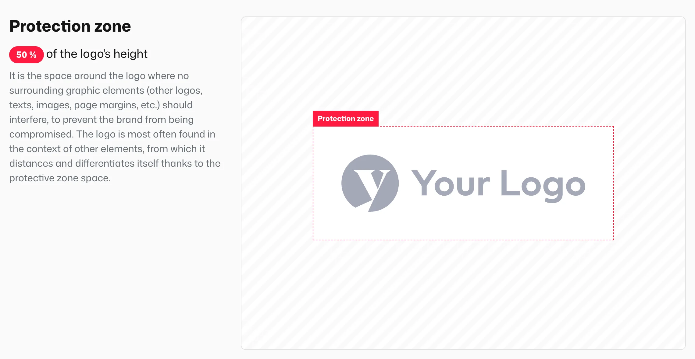 The clear space is worked out from the logo height. The minimum size sits in the yellow box next to the logo.