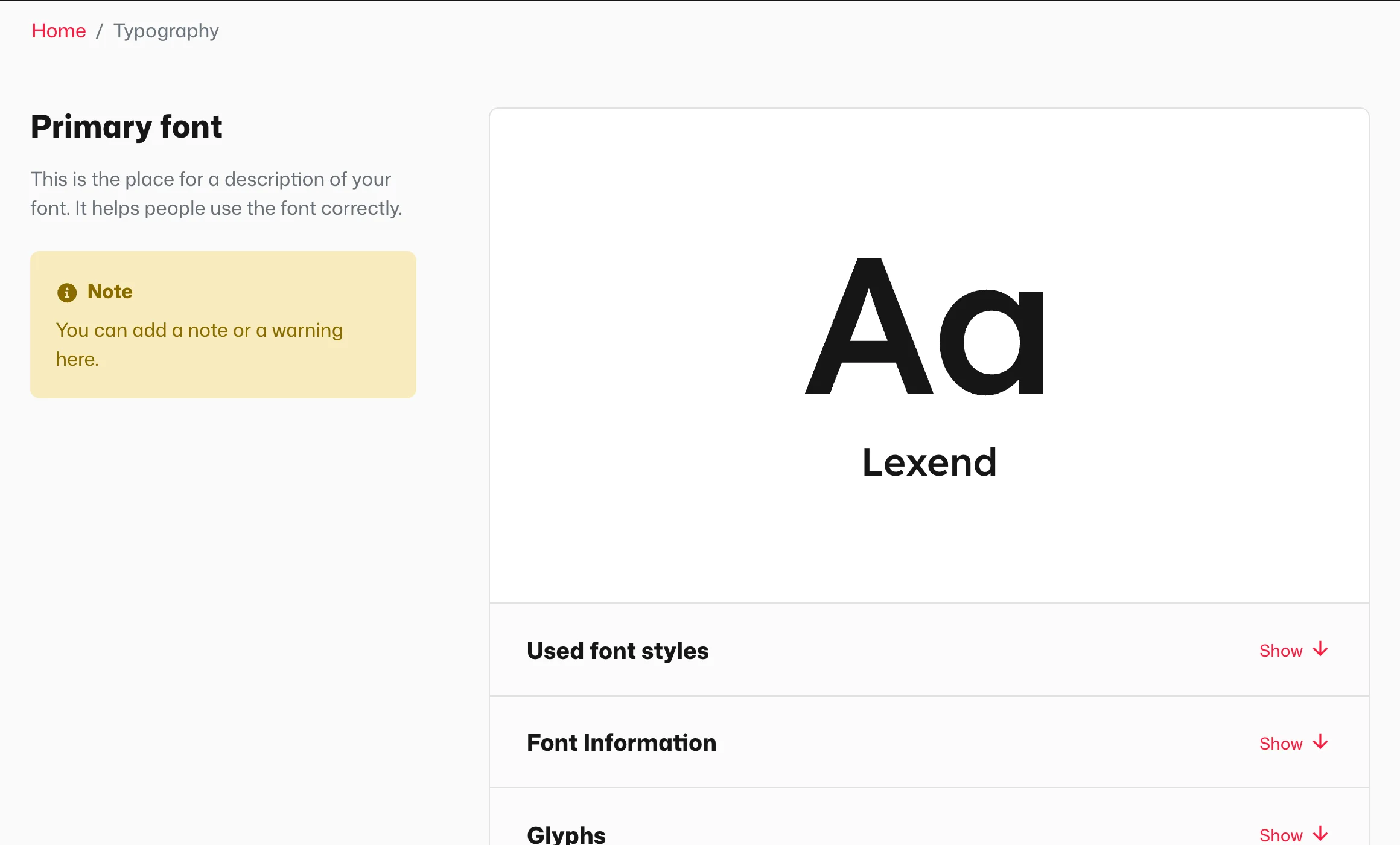 The Fonts page in the manual: the specimen, weights, details and glyphs.