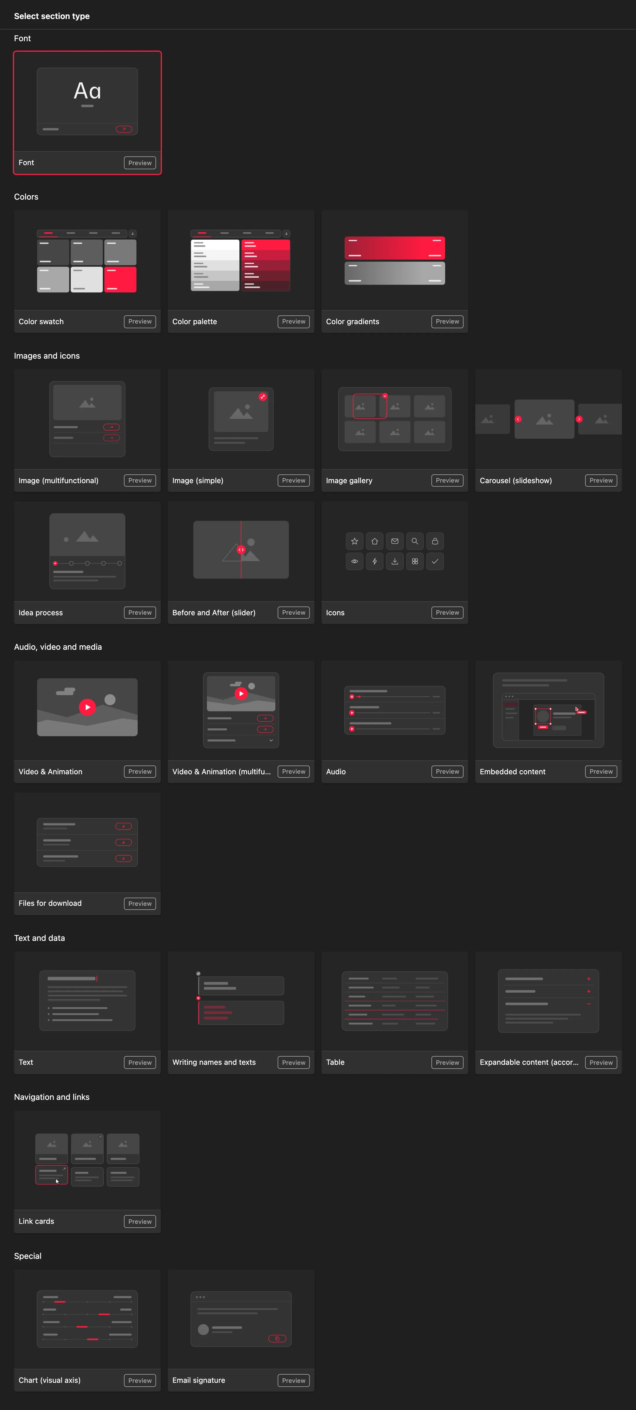 The Choose a section type list on a content page. The Preview button on each tile shows how the section looks on the site.