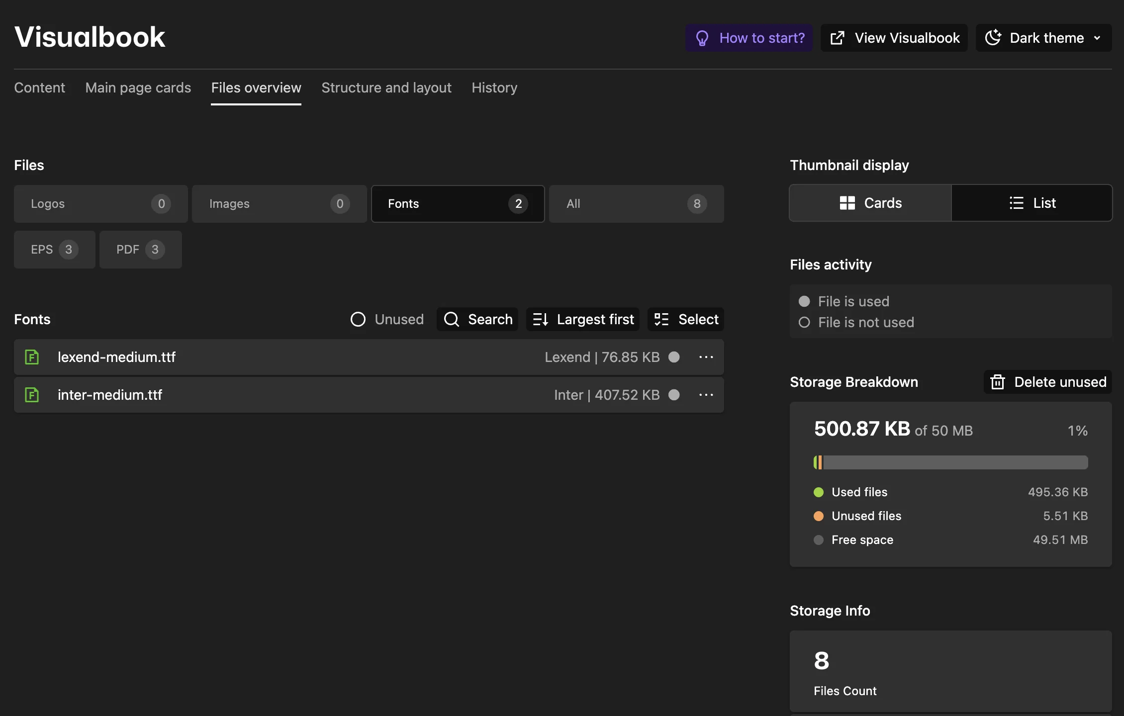 Overview → Files overview: files by kind, activity and storage use.