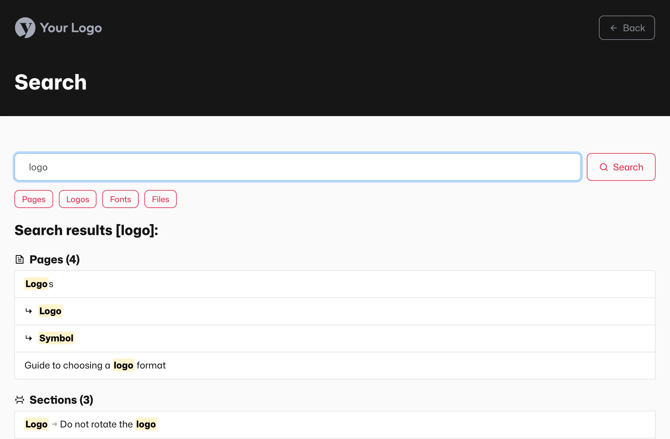 Results are grouped into pages, sections, logos and files; the filters above narrow them down.