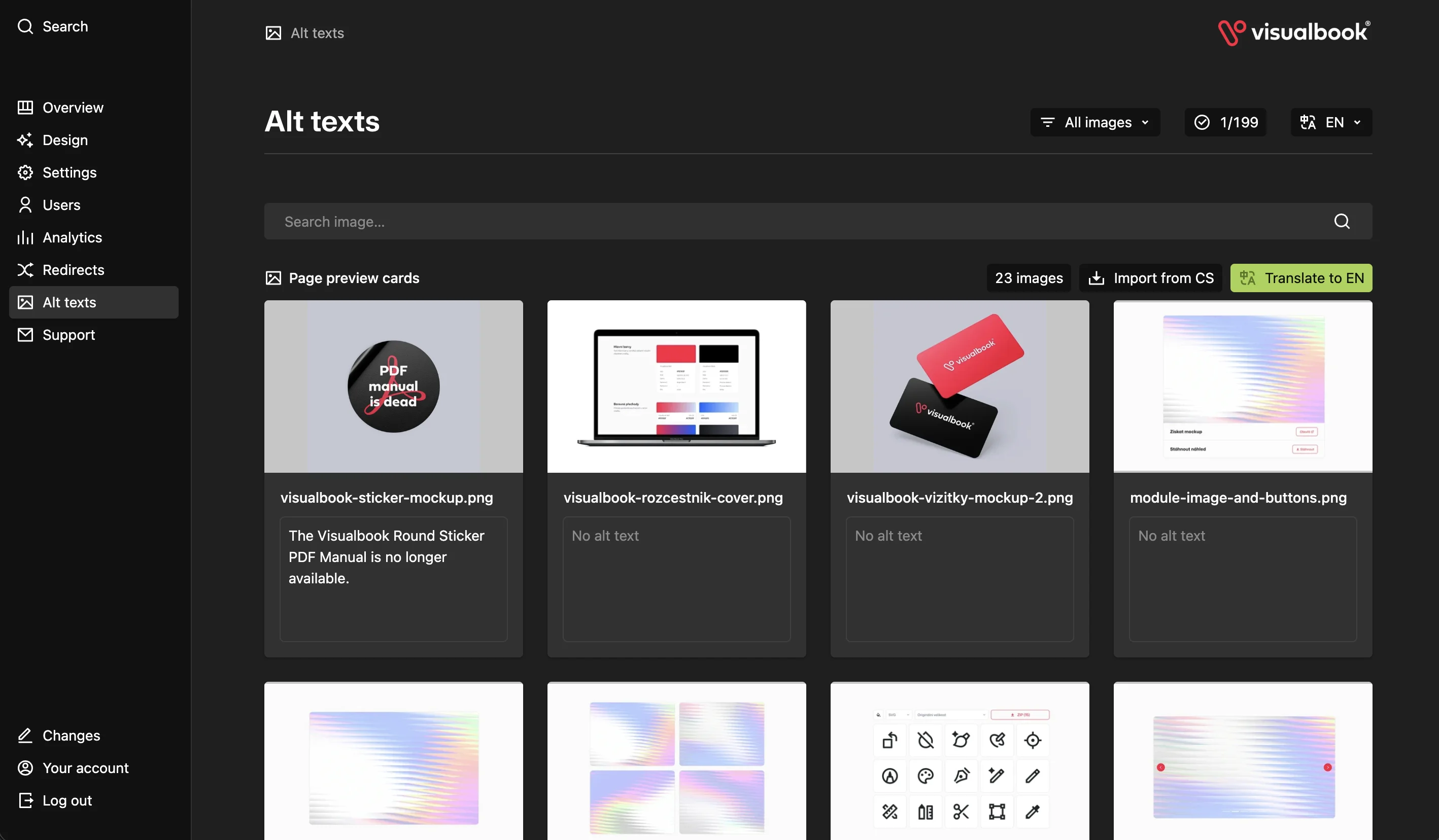Visualbook admin panel – image alt texts