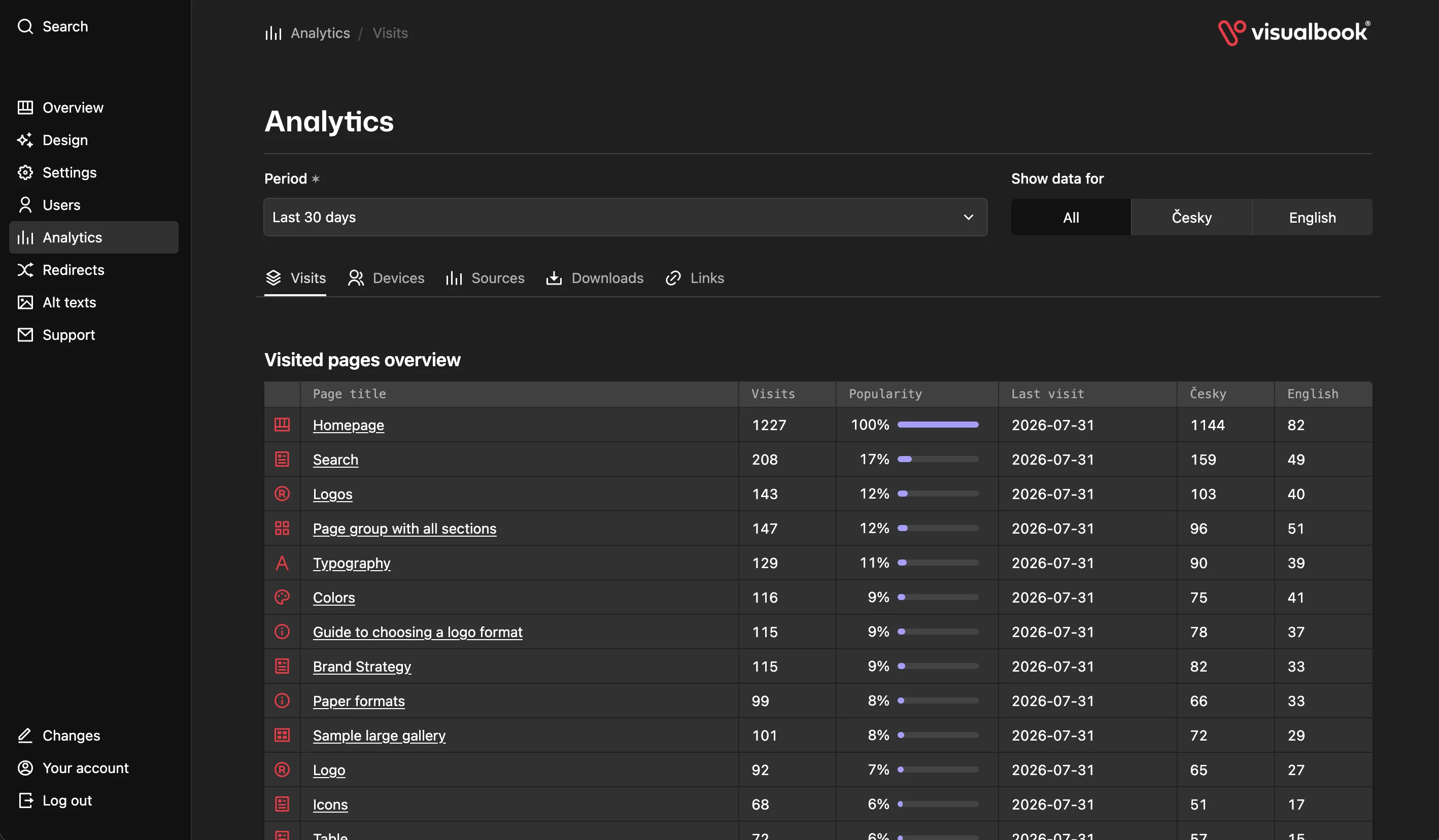 Visualbook admin panel – traffic analytics
