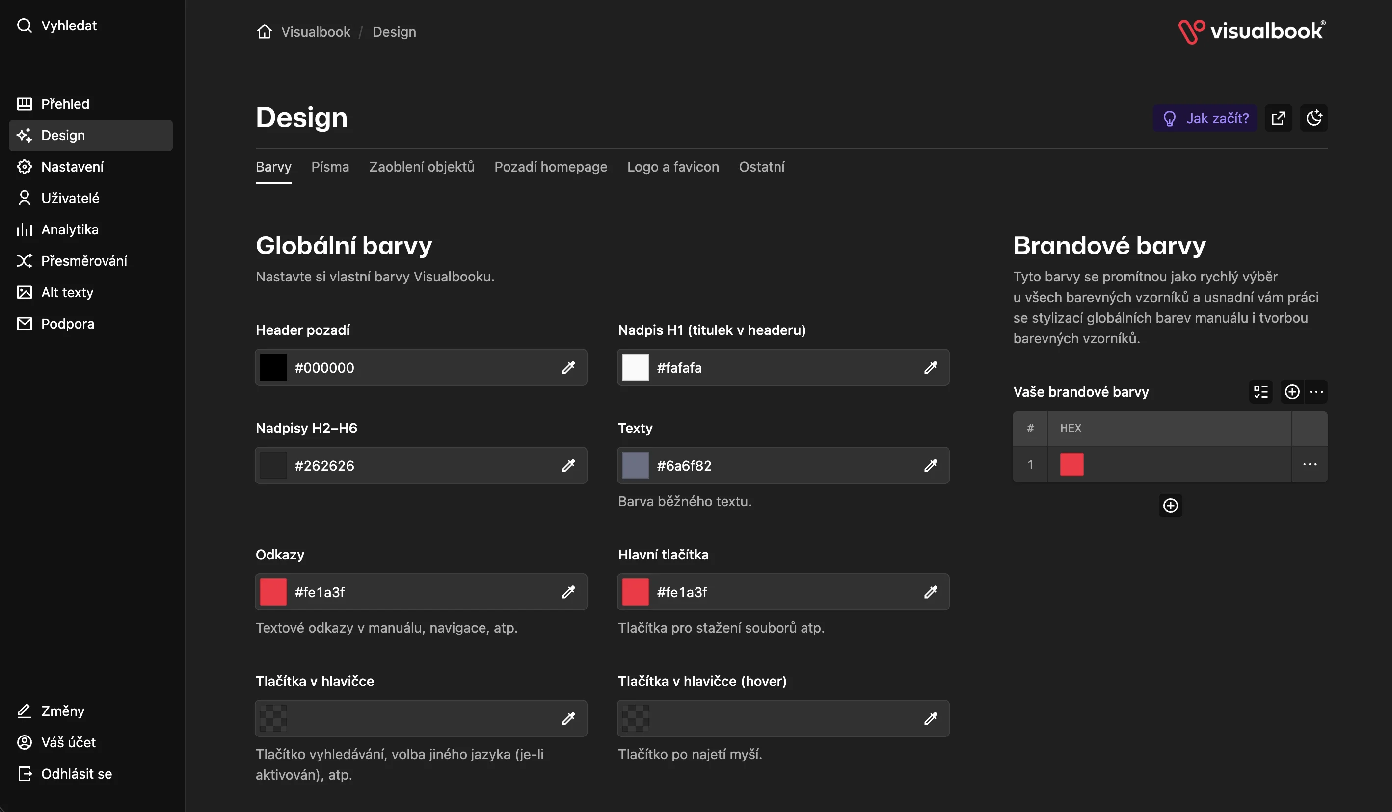 Admin panel Visualbooku – nastavení barev