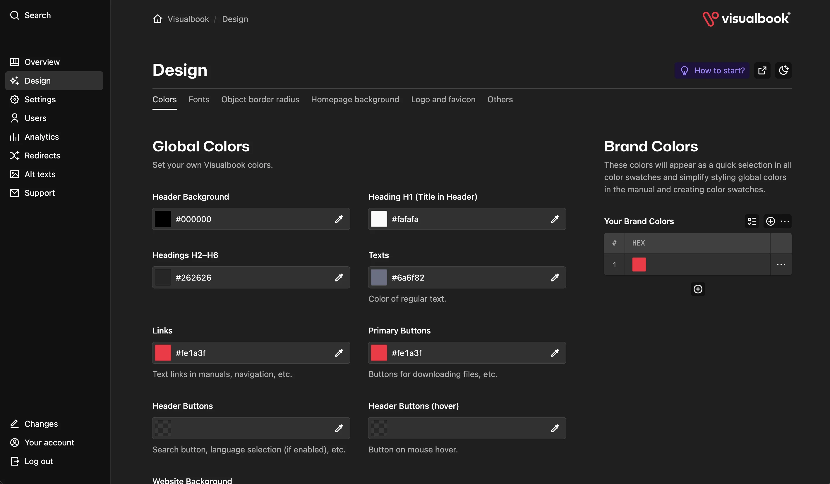 Visualbook admin panel – colour settings