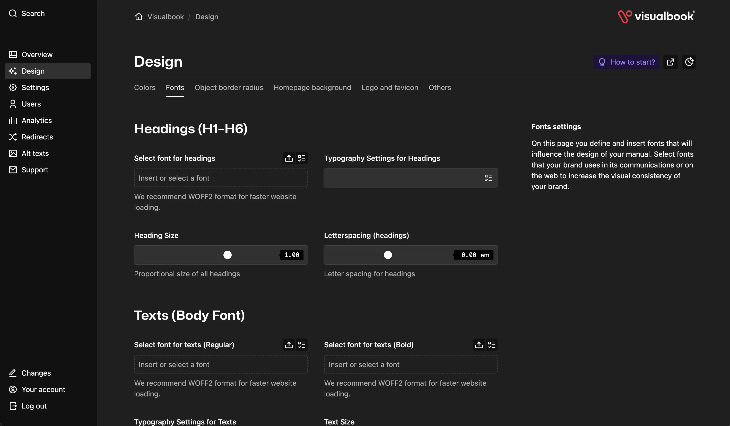 Visualbook admin panel – font settings