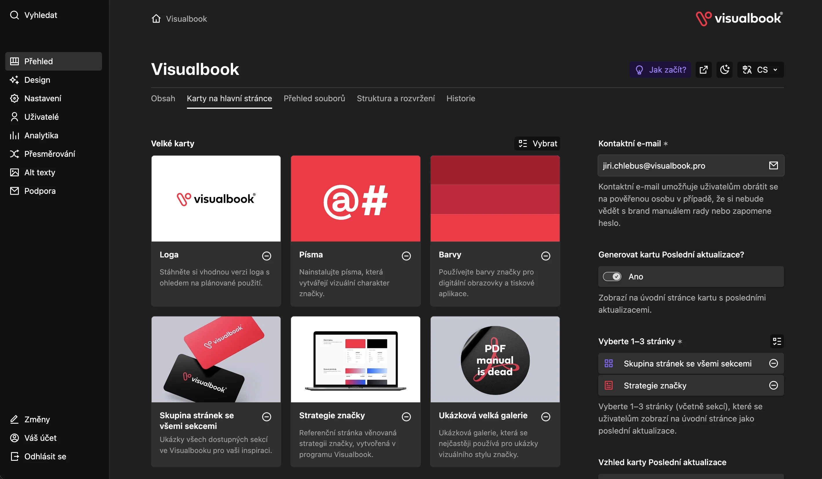 Admin panel Visualbooku – karty na hlavní stránce