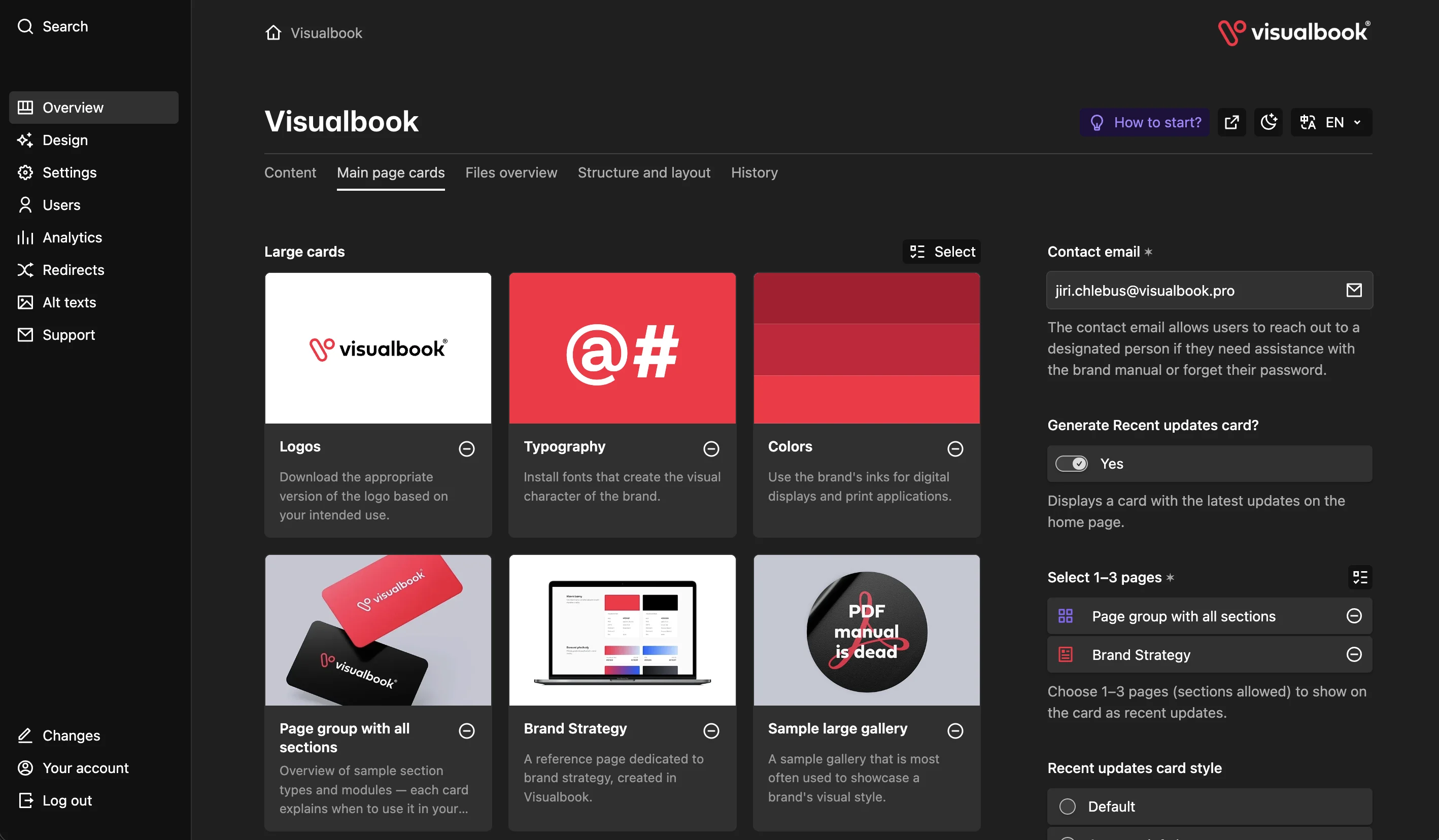 Visualbook admin panel – home page cards