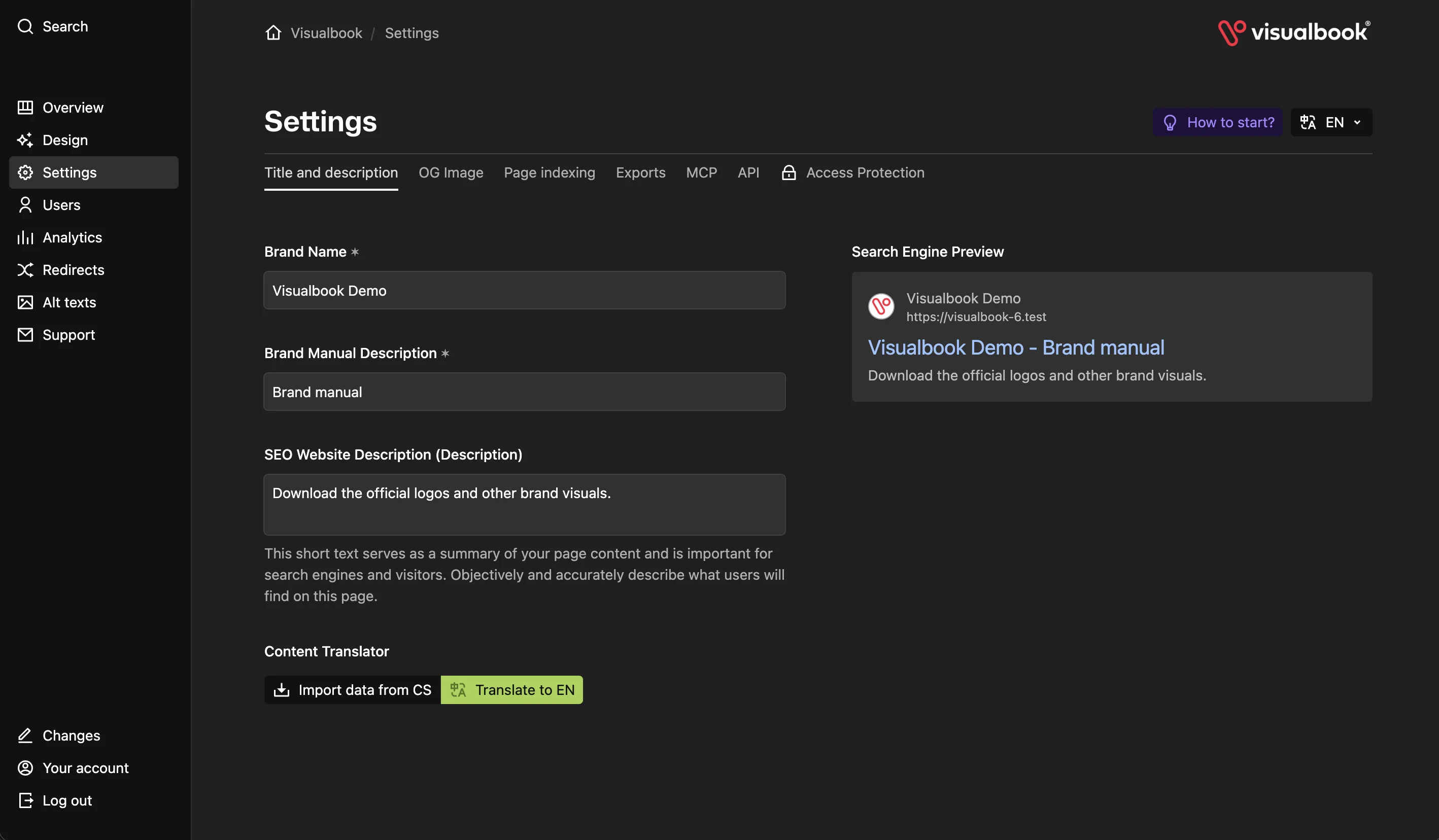 Visualbook admin panel – manual name and SEO