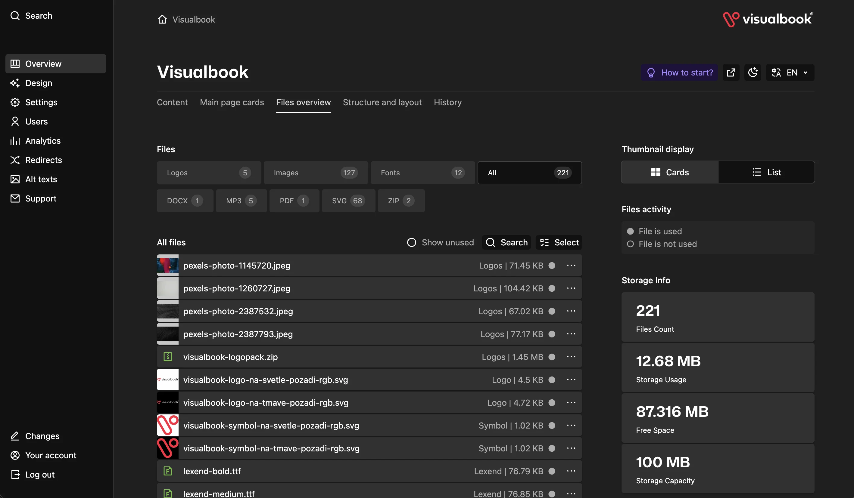 Visualbook admin panel – downloadable file overview