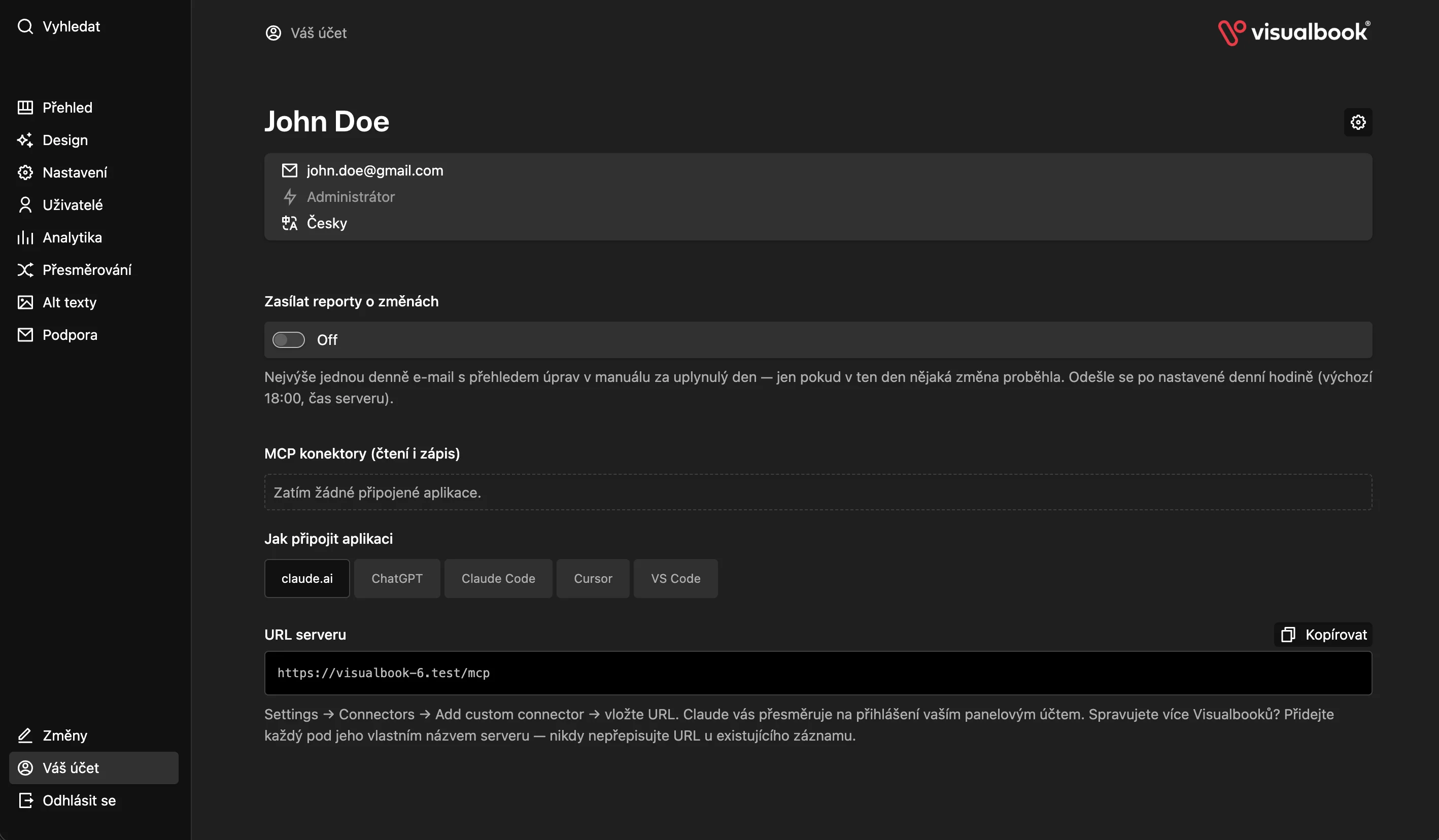 Admin panel Visualbooku – váš účet
