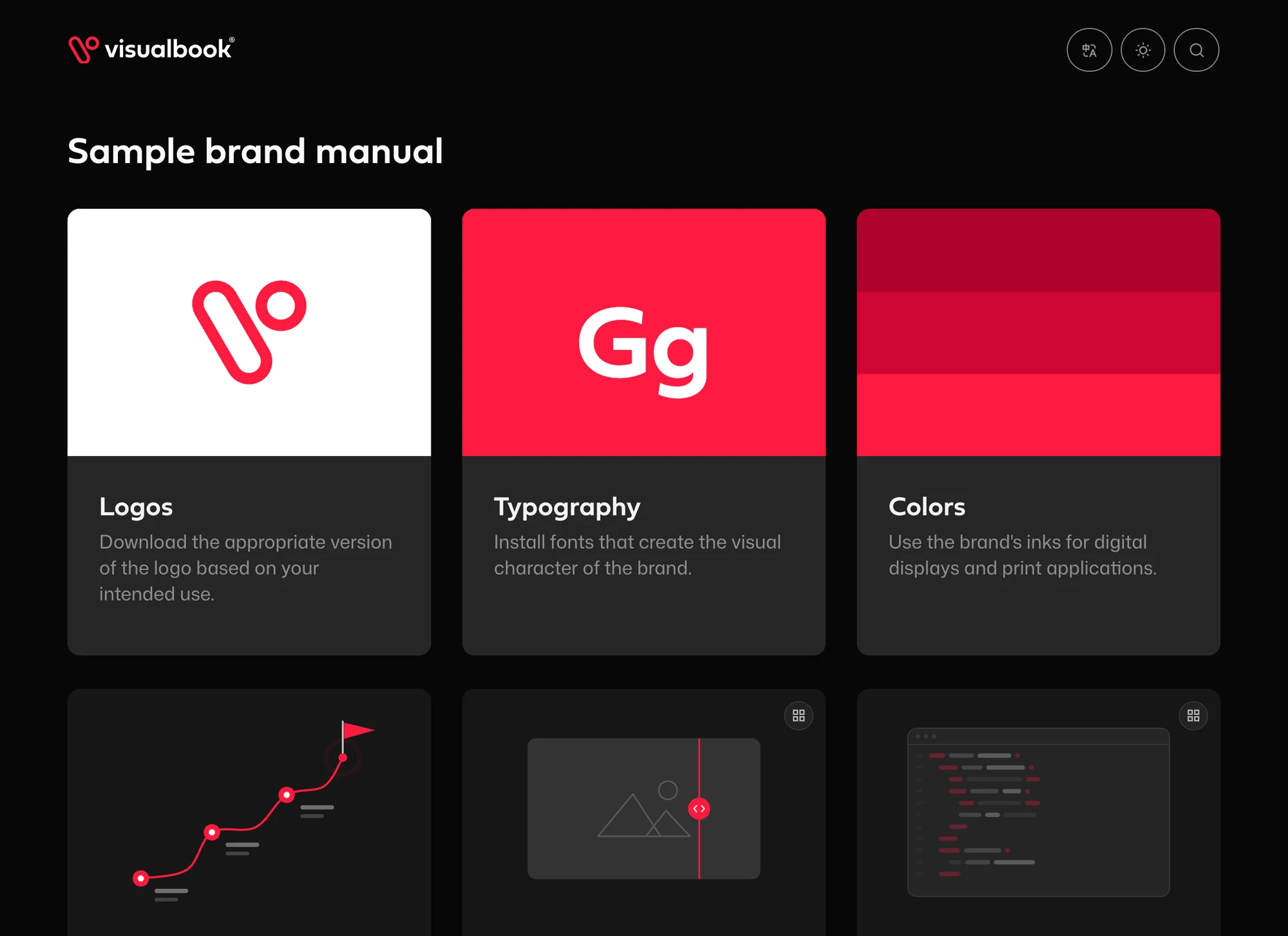 Home page of the sample brand manual on demo.visualbook.pro: Logos, Typography and Colors cards, with Brand Strategy, Page group with all sections and Proprietary Online Tools below