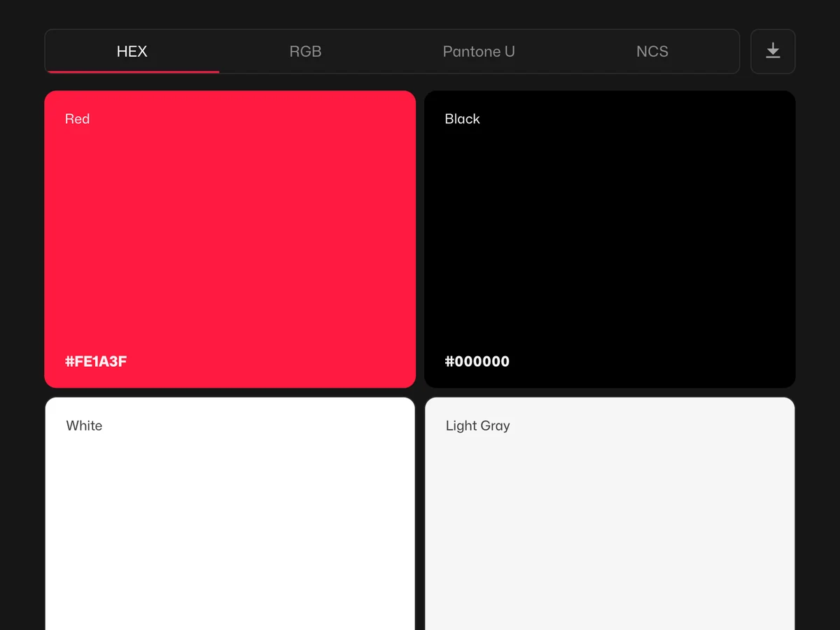 Velký vzorník barev s přepínačem HEX, RGB, Pantone a NCS: Red #FE1A3F, Black, White a Light Gray
