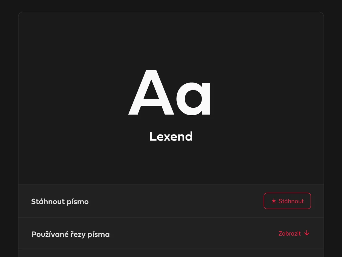 Hlavní písmo Lexend s ukázkou Aa a tlačítkem Stáhnout písmo