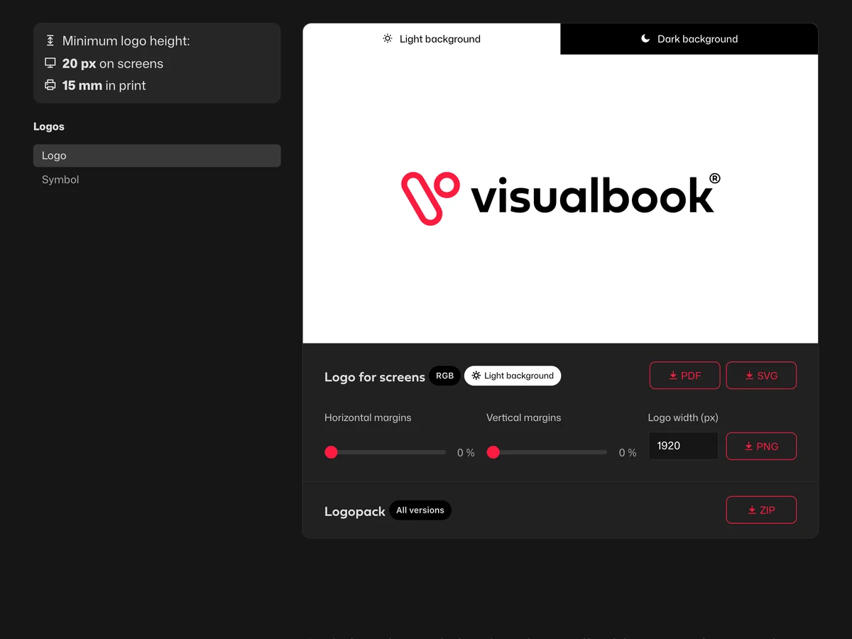 Logo page: minimum logo height, preview on light and dark backgrounds, PDF, SVG and PNG downloads and the logo pack as a ZIP