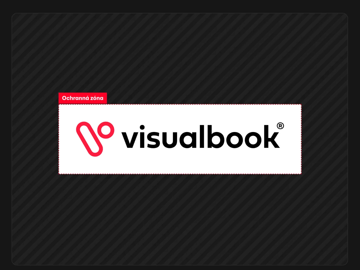 Ochranná zóna loga Visualbook: přerušovaný rámeček kolem loga na tmavém šrafovaném pozadí