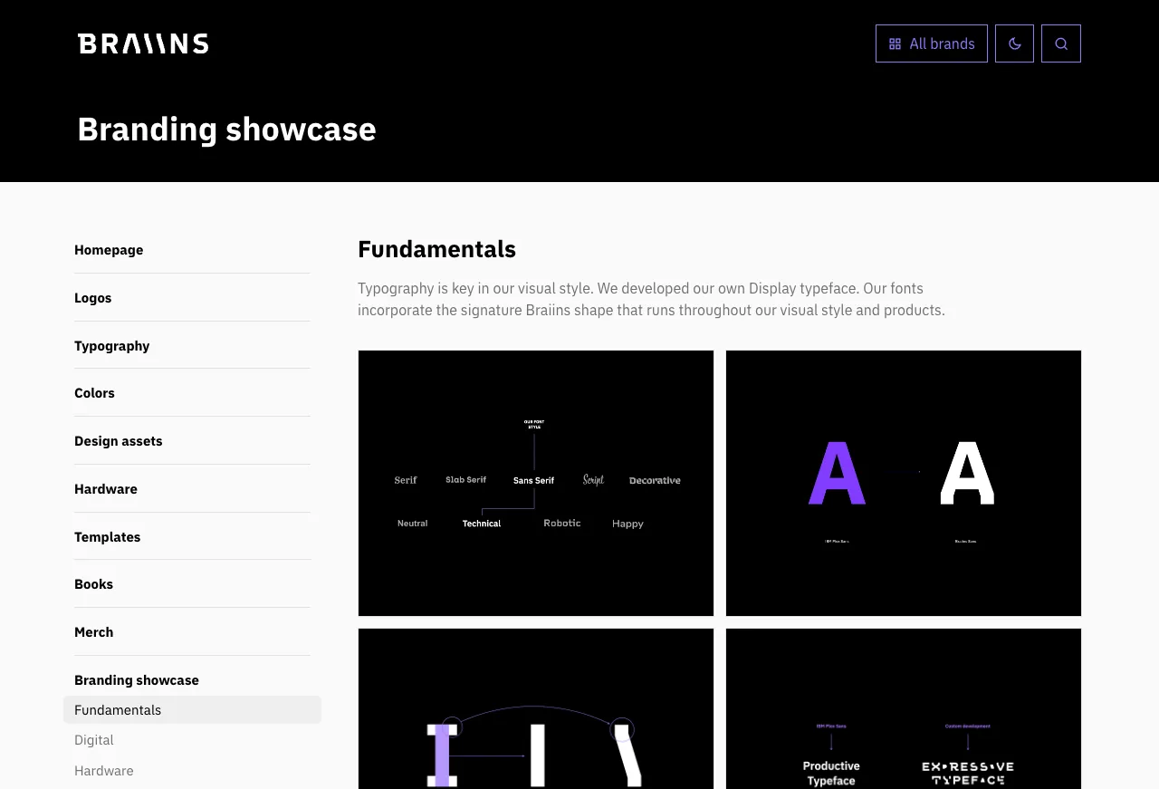 Branding showcase Braiins: tmavé ukázky typografie a grafických prvků