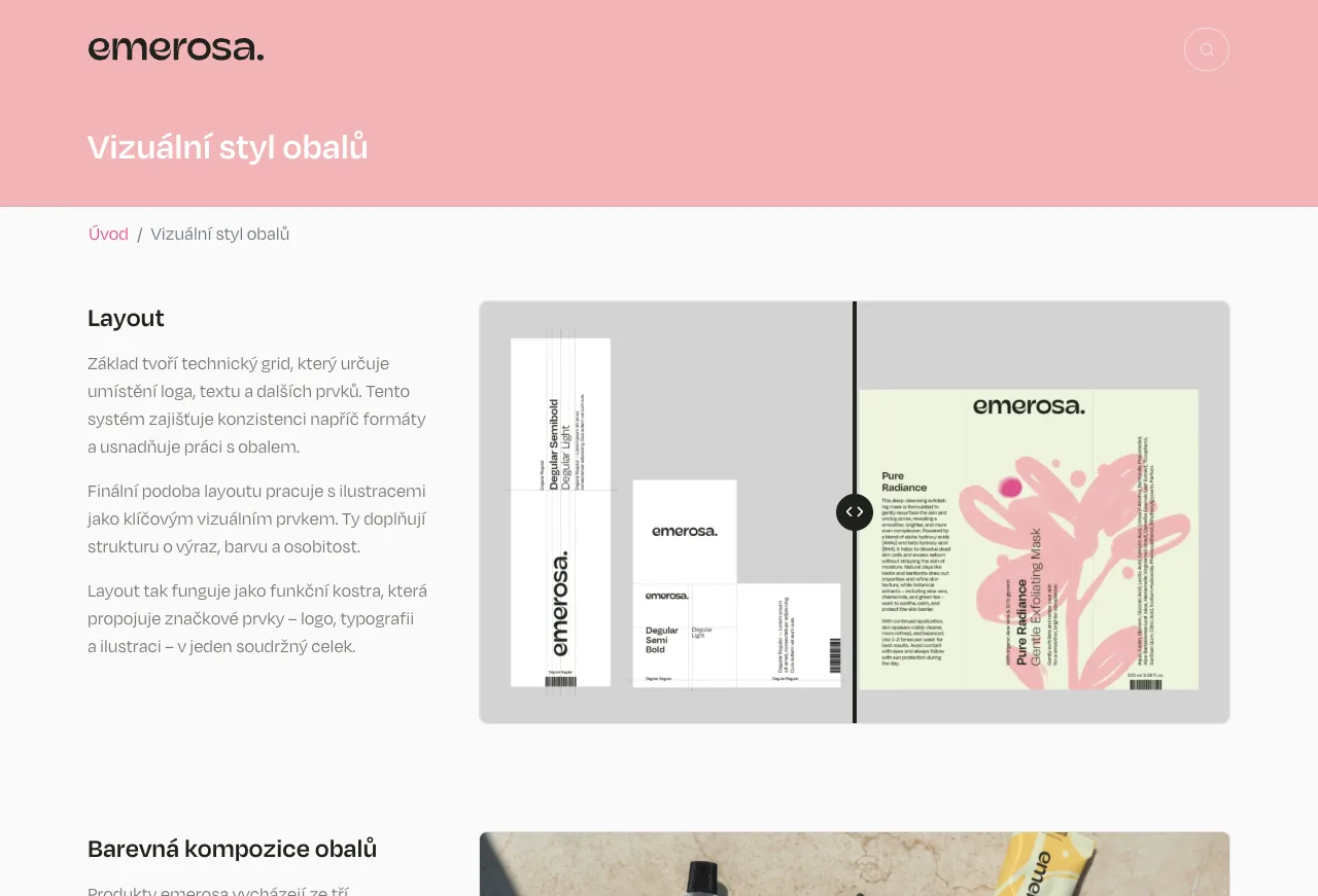 Vizuální styl obalů Emerosa: layout krabičky s růžovou ilustrací a fotografie kosmetických obalů