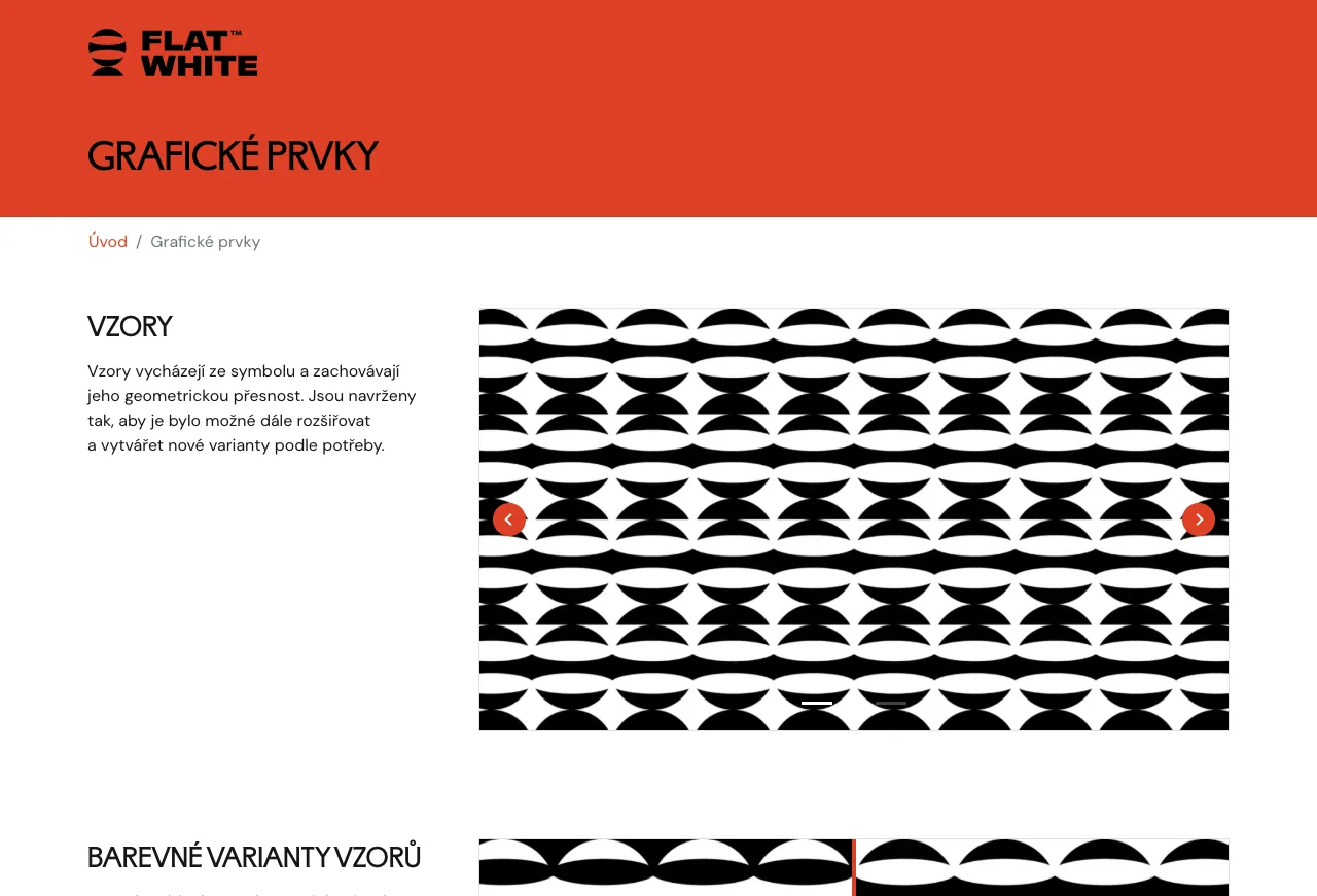 Grafické prvky Flat White: černobílé vzory odvozené ze symbolu a jejich barevné varianty s červenou