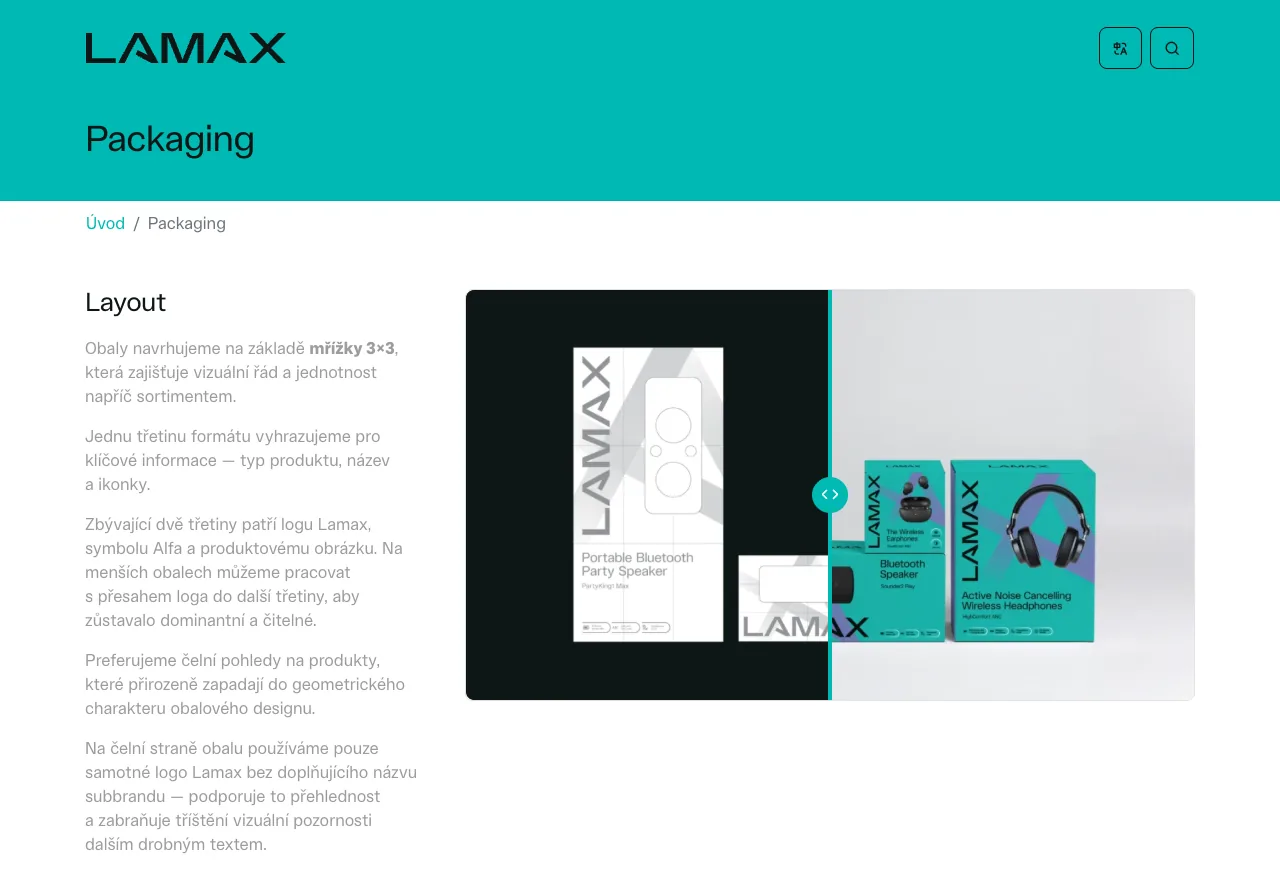 Packaging Lamax: layout krabice se sluchátky na tyrkysové ploše a popis pravidel obalu