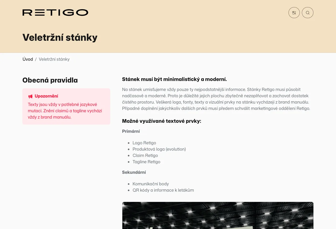 Veletržní stánky Retigo: obecná pravidla a vizualizace stánku s logem