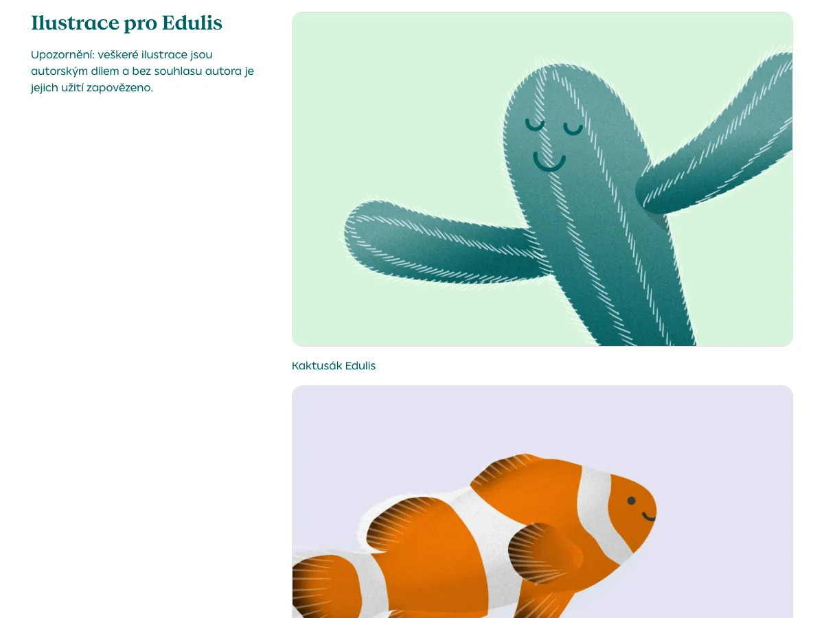 Ilustrace Botanické zahrady Liberec pro Edulis: kaktus a ryba klaun s upozorněním na autorská práva