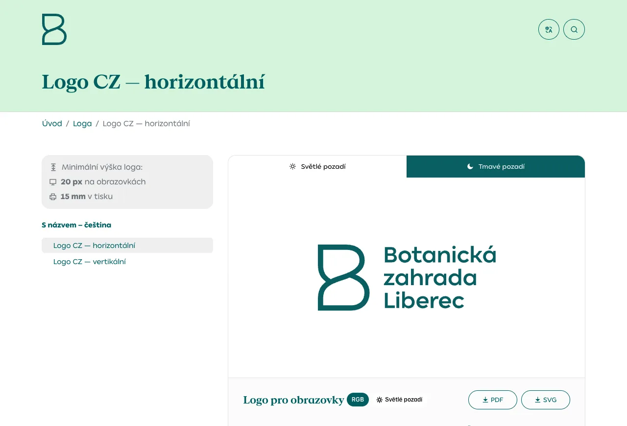 Horizontální logo Botanické zahrady Liberec v manuálu: minimální výška 20 px a 15 mm, české a německé varianty