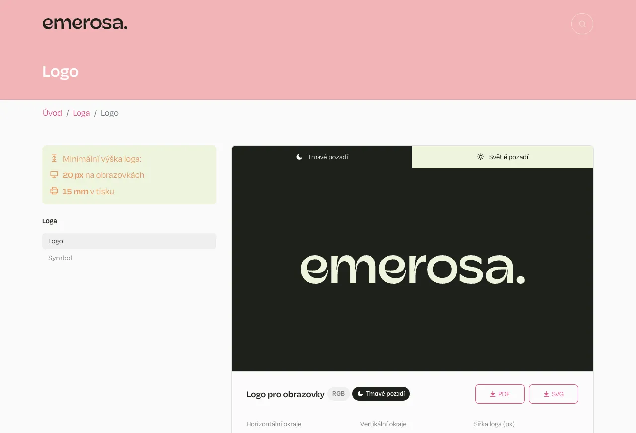 Logo Emerosa v manuálu: světlé logo na tmavé ploše, minimální výška 20 px a 15 mm