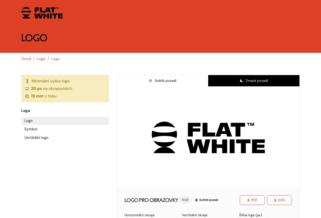 Logo Flat White v manuálu: černé logo se symbolem na bílé ploše, varianty Logo, Symbol a Vertikální logo