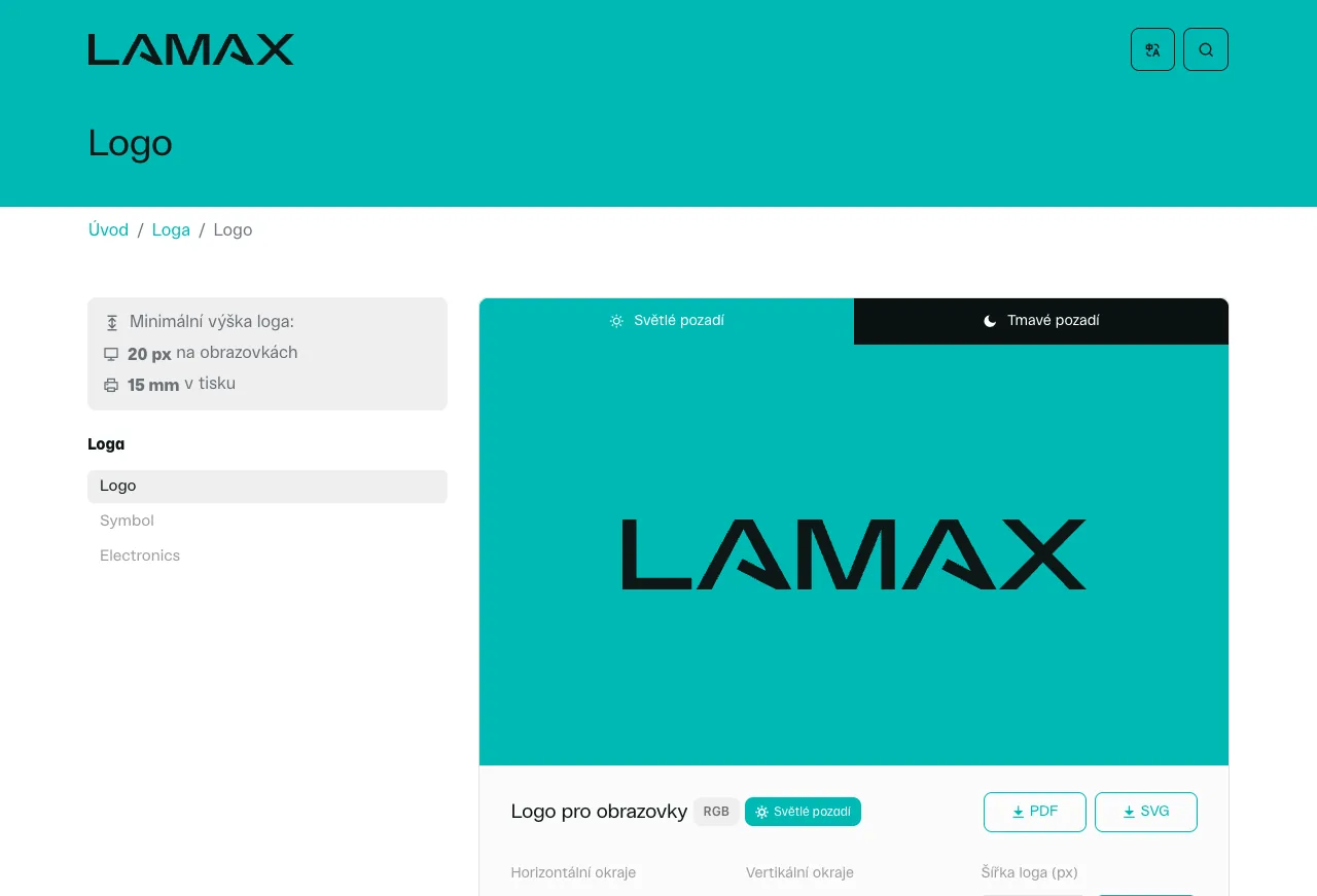 Logo Lamax v manuálu: tyrkysová plocha, minimální výška 20 px a 15 mm, varianty Logo, Symbol a Electronics