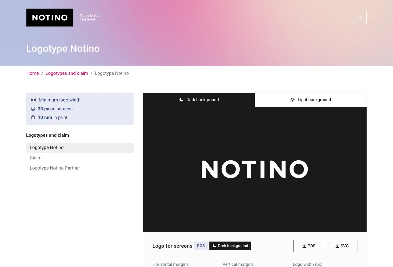Logotyp Notino v brand booku: minimální šířka 30 px, náhled na tmavém a světlém pozadí, stažení PDF a SVG
