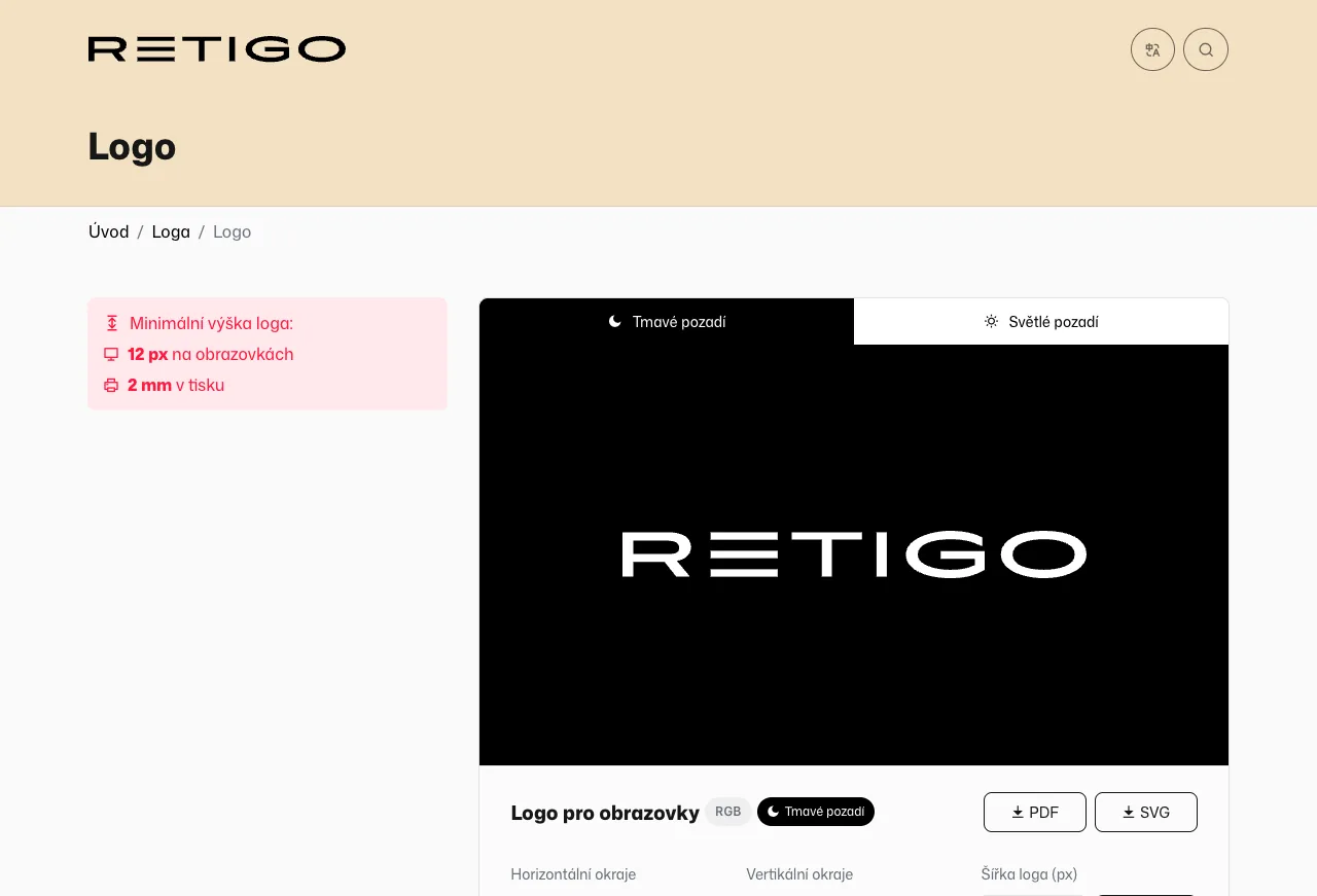 Logo Retigo v manuálu: bílé logo na černé ploše, minimální výška 12 px a 2 mm