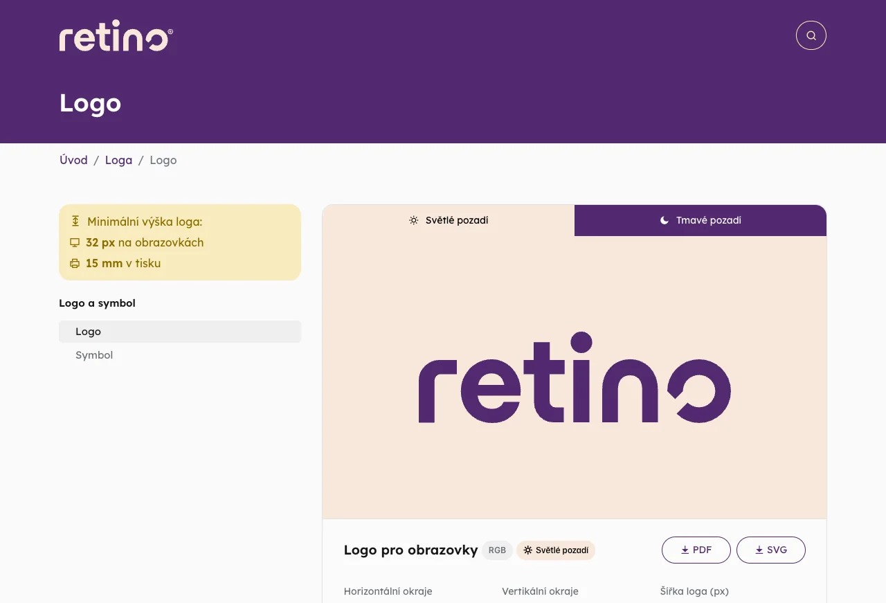 Logo Retino v manuálu: fialové logo na béžové ploše, minimální výška 32 px a 15 mm