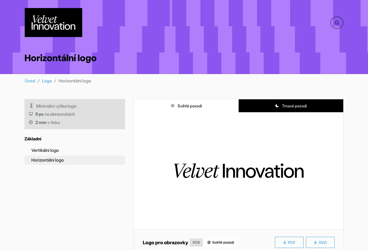 Horizontální logo Velvet Innovation v manuálu: minimální výška 9 px a 2 mm, varianty vertikální a horizontální