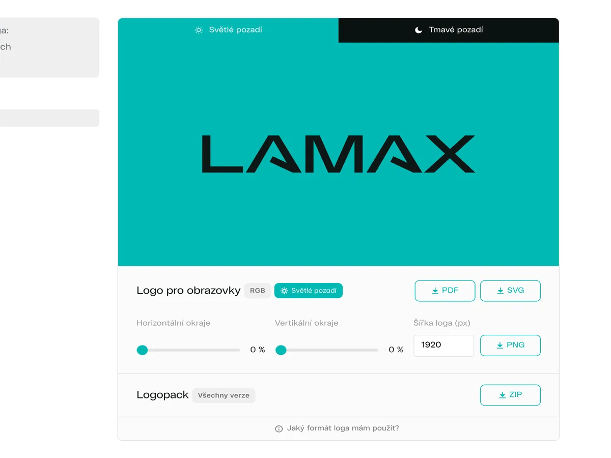 Logo Lamax pro obrazovky: stažení PDF, SVG a PNG v nastavené šířce s okraji a logopack v ZIP
