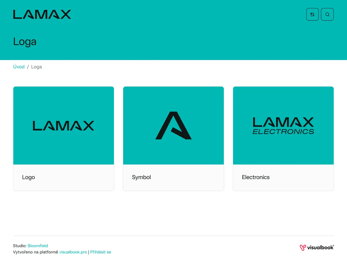 Přehled log v manuálu Lamax: Logo, Symbol a Electronics na tyrkysových dlaždicích