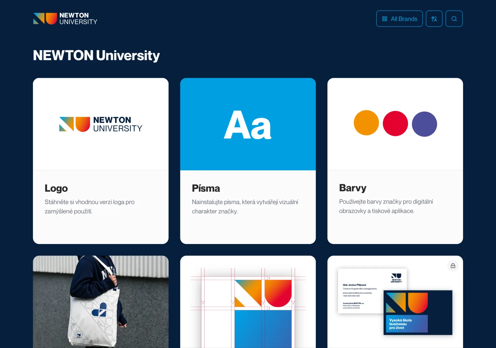 Design manuál NEWTON University na nu.visualbook.pro: karty Logo, Písma a Barvy na tmavě modrém pozadí